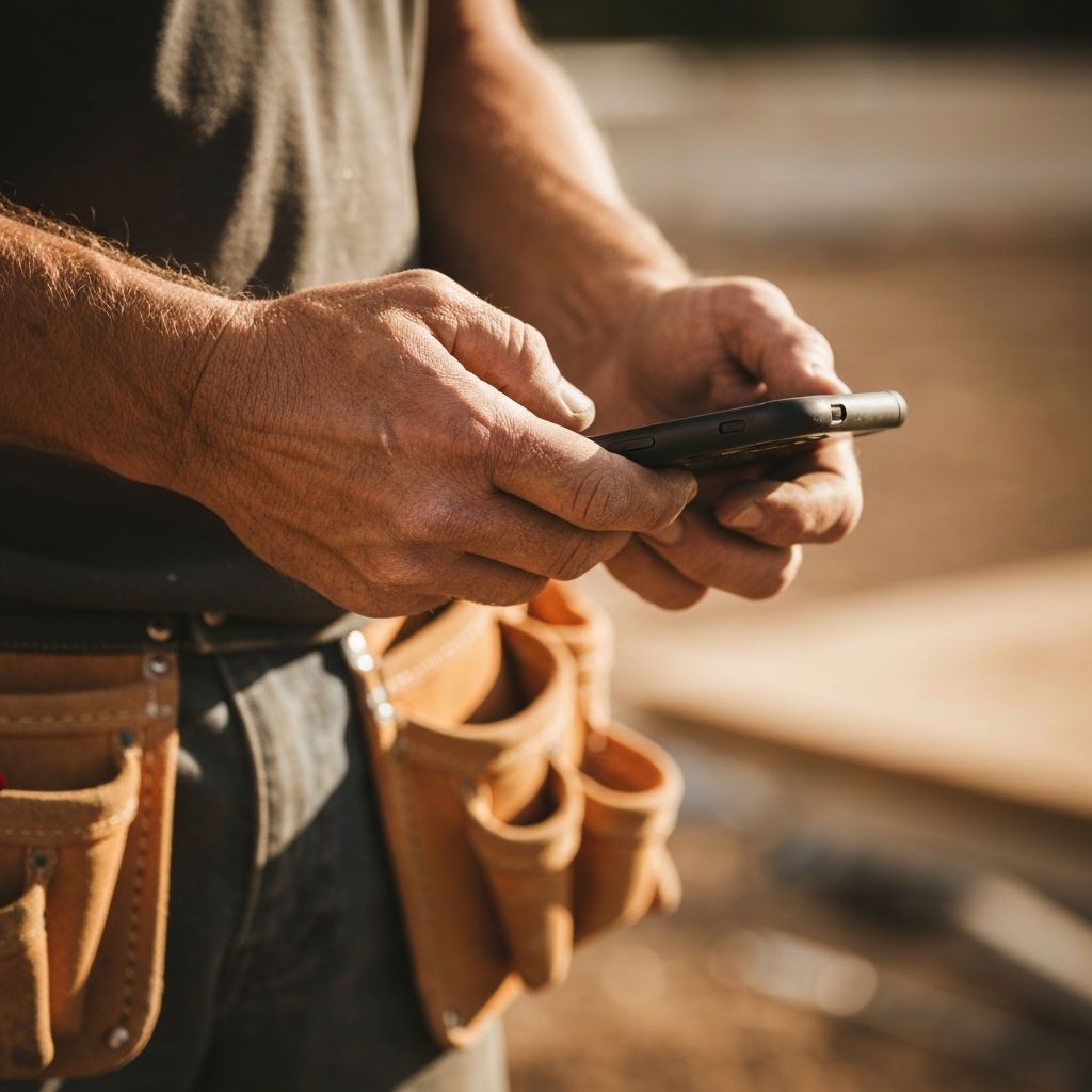 Tradie checking phone on site